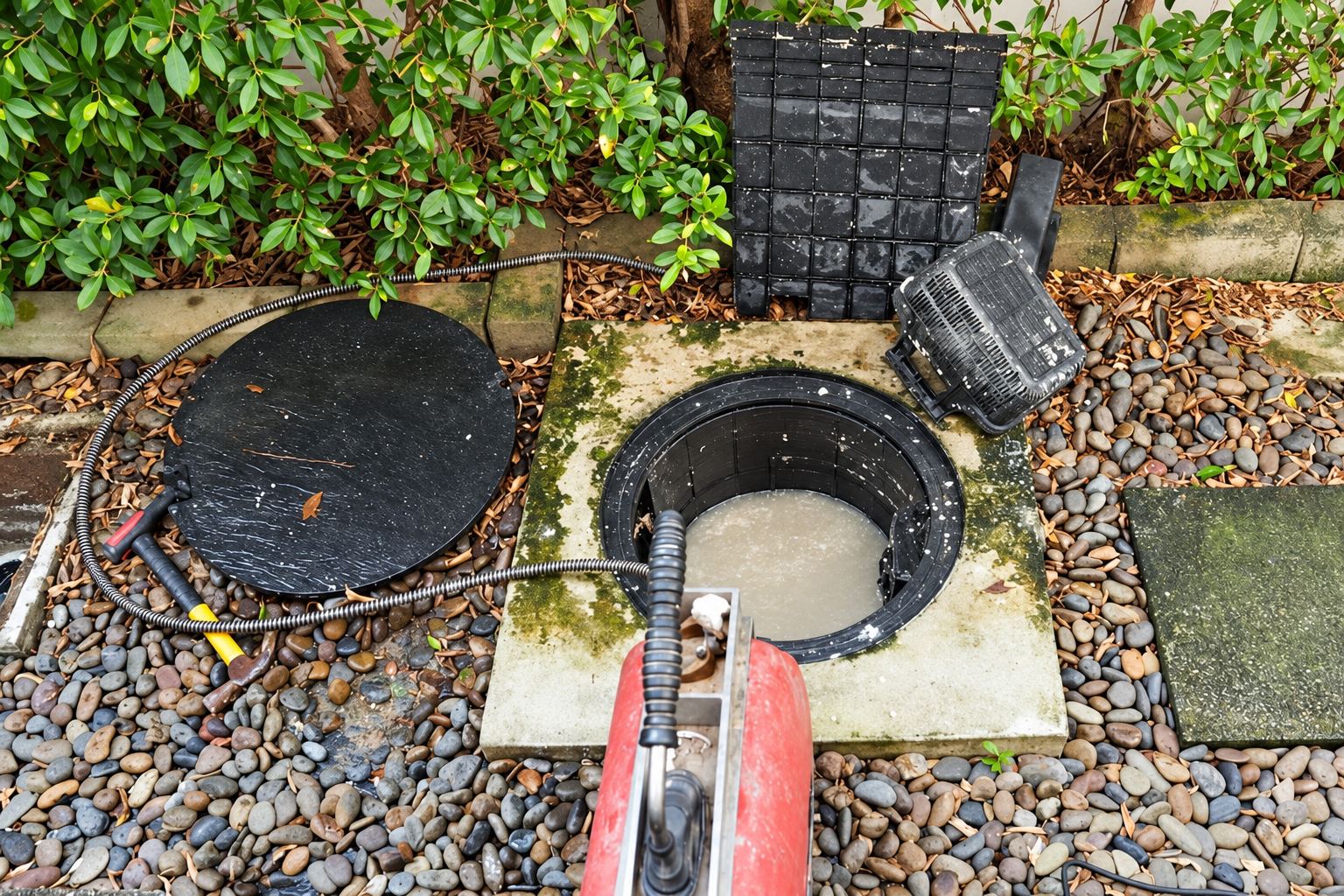 Un regard d'assainissement ouvert dans un jardin de galets, avec une machine de débouchage rouge et son câble flexible posés à côté du couvercle noir.