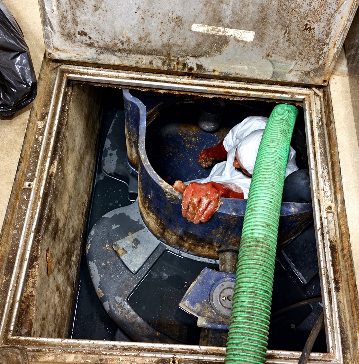 Un intervenant en combinaison blanche et gants rouges nettoie l'intérieur d'un bac à graisses ouvert, avec un tuyau d'aspiration vert plongé dans la cuve.