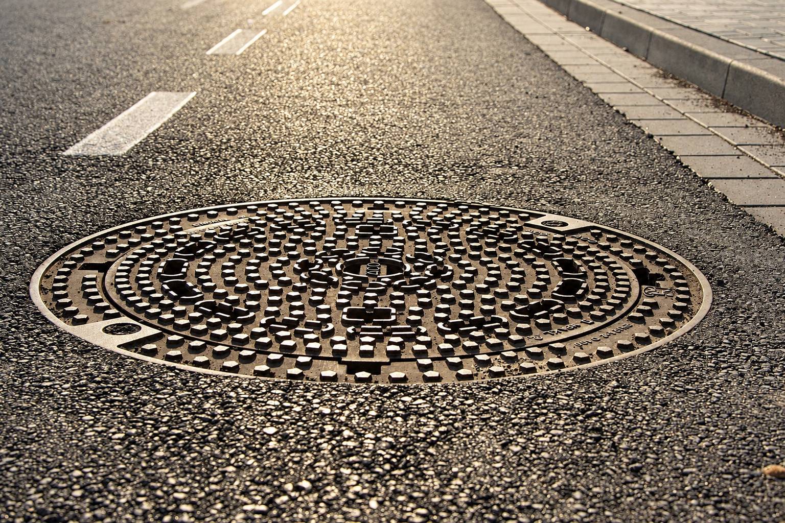 Une plaque d'égout circulaire en fonte à motif de plots en relief est installée dans une route en asphalte, près d'un trottoir pavé.