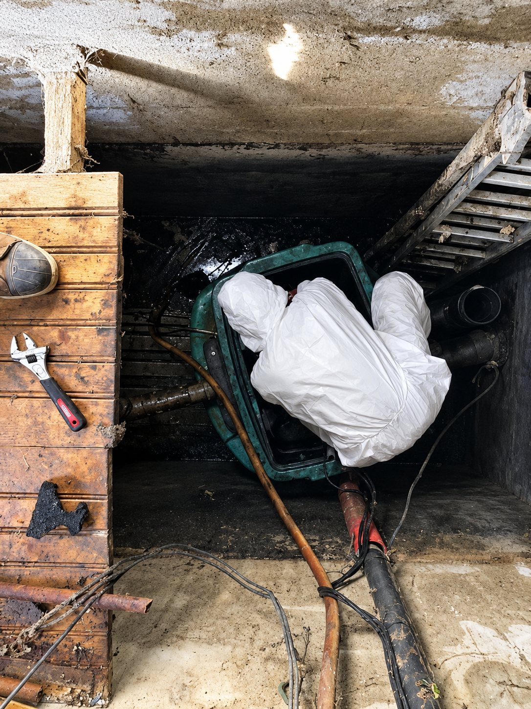 Un technicien en combinaison de protection blanche se glisse dans l'ouverture d'une cuve verte au fond d'un local sombre, avec une clé à molette posée sur une paroi en bois et des tuyaux au sol.