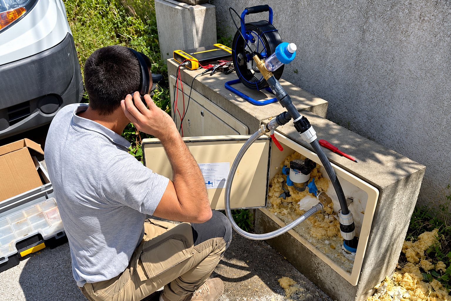 Un technicien accroupi tient un casque contre son oreille pour détecter une fuite, à côté d'un coffret de compteur d'eau ouvert relié à un tuyau et à un dévidoir.