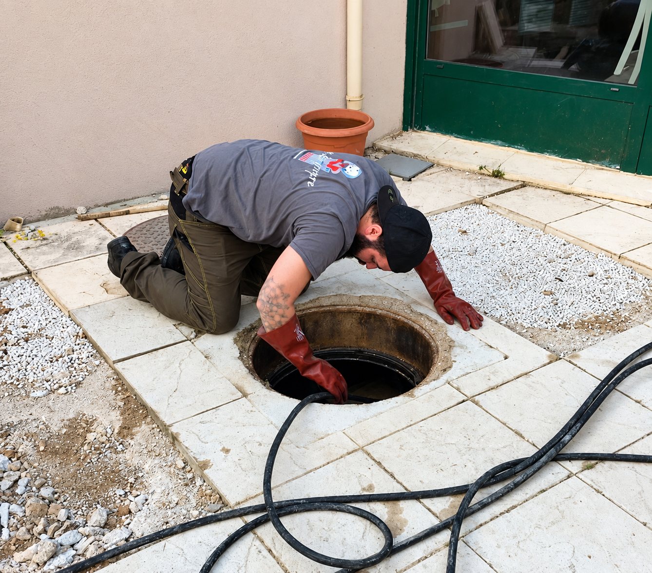 Un technicien agenouillé, portant de longs gants en caoutchouc, travaille dans un regard ouvert au milieu d'une terrasse dallée, avec un tuyau noir posé au sol.